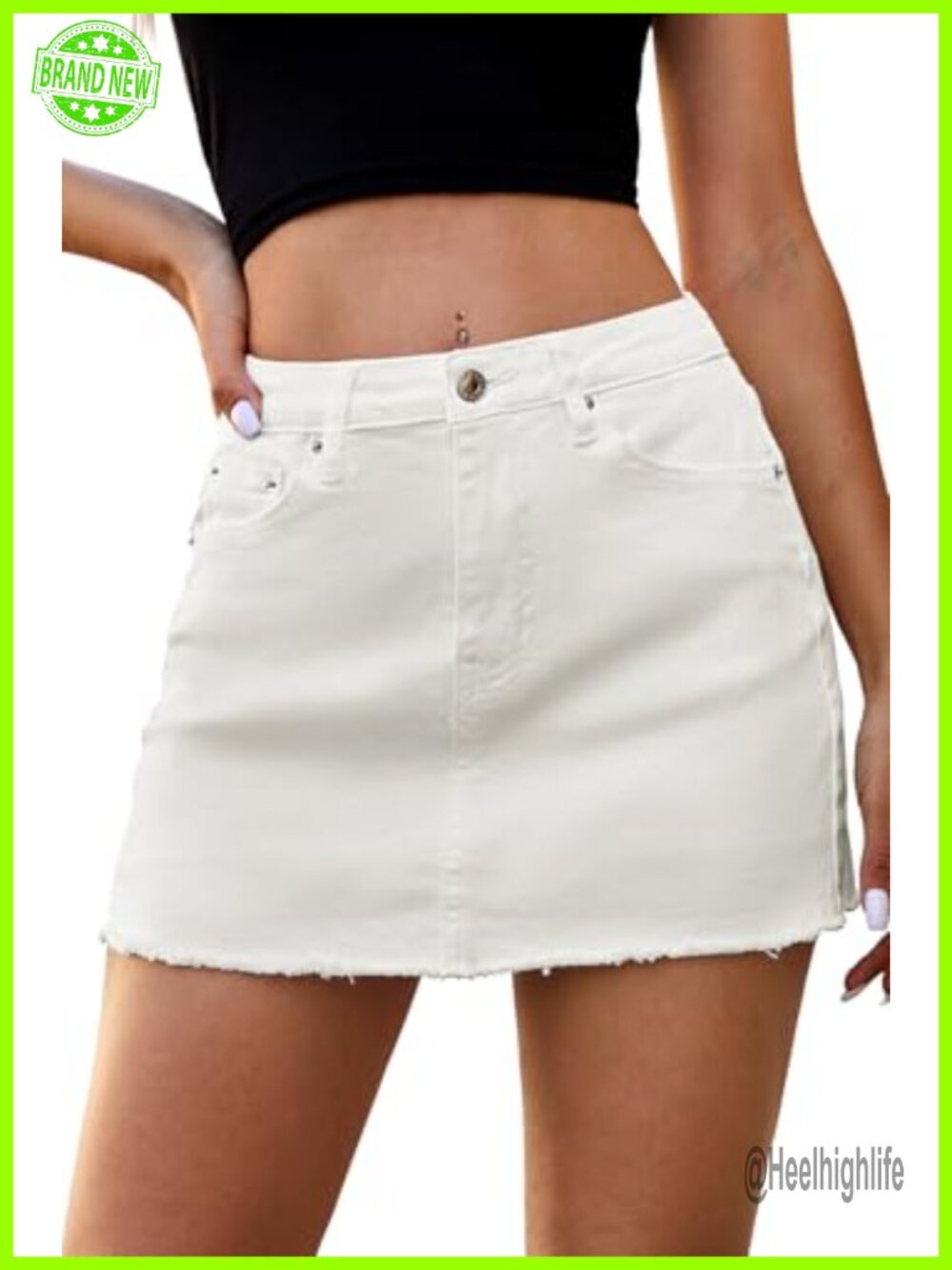 Denim Mini Skirt Low Rise Stretchy Raw Hem A-Line with Pockets